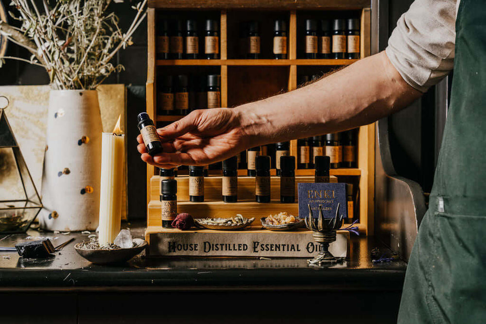 Apothecary shelves with essential oils