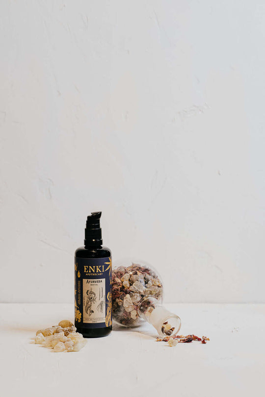 Enki Ayurveda body oil in miron glass